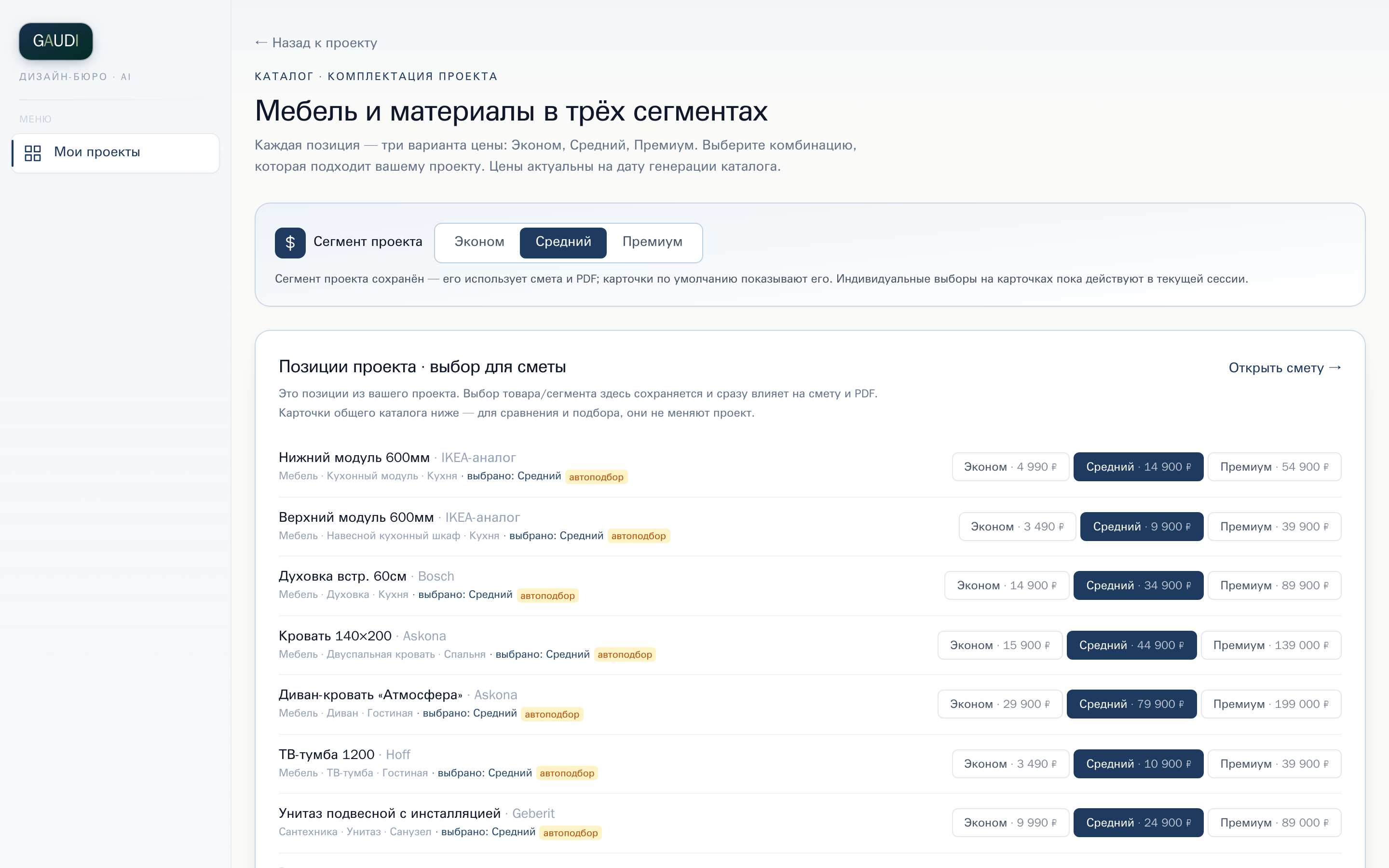 Каталог с тремя ценовыми сегментами